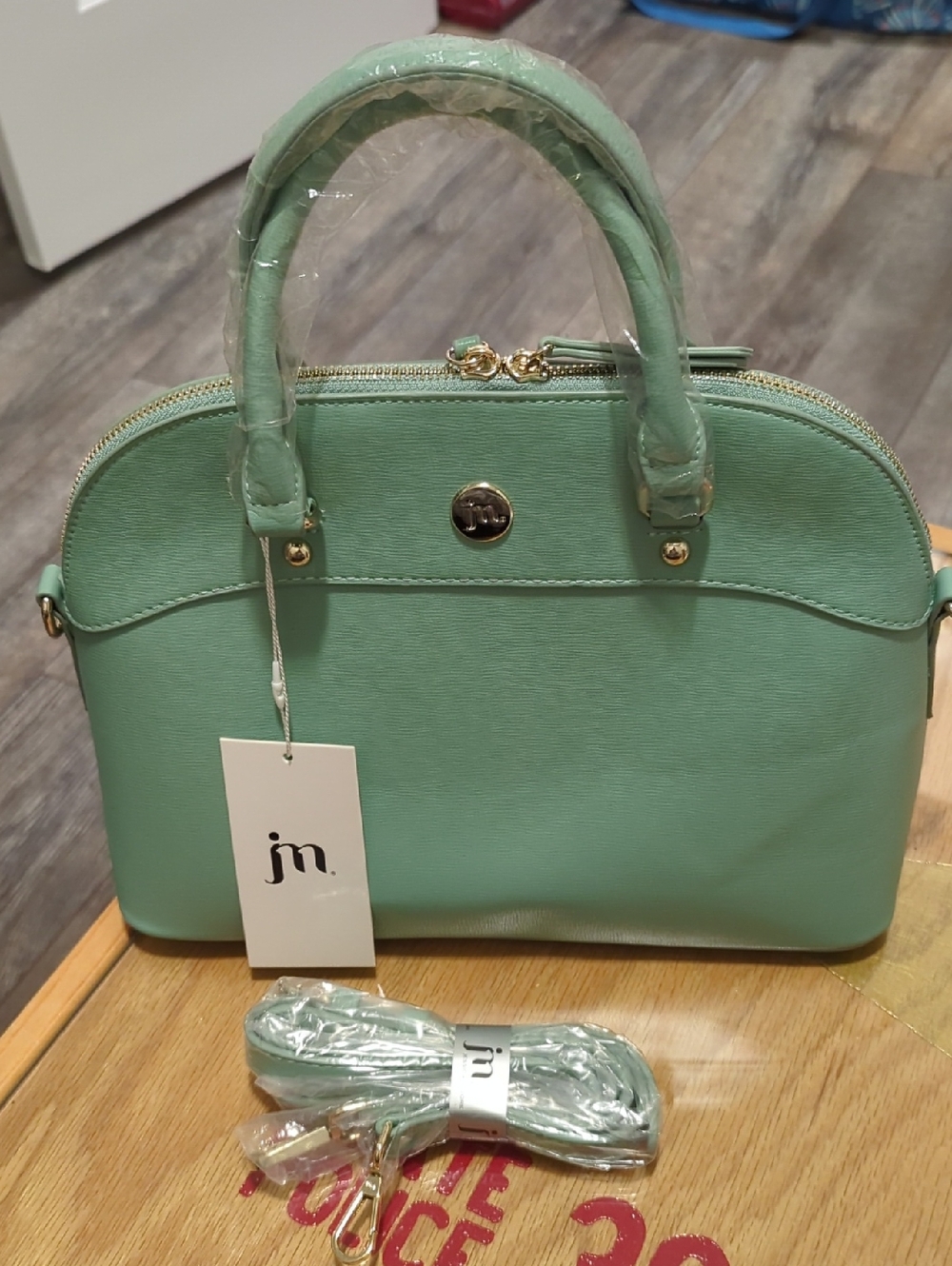 jm Mint Dome Satchel Crossbody with Detachable Strap and Gold Trim